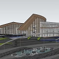 Modern Sales Office Building With Glass Curtain Walls Curved Wooden Roof And Landscaped Gardens