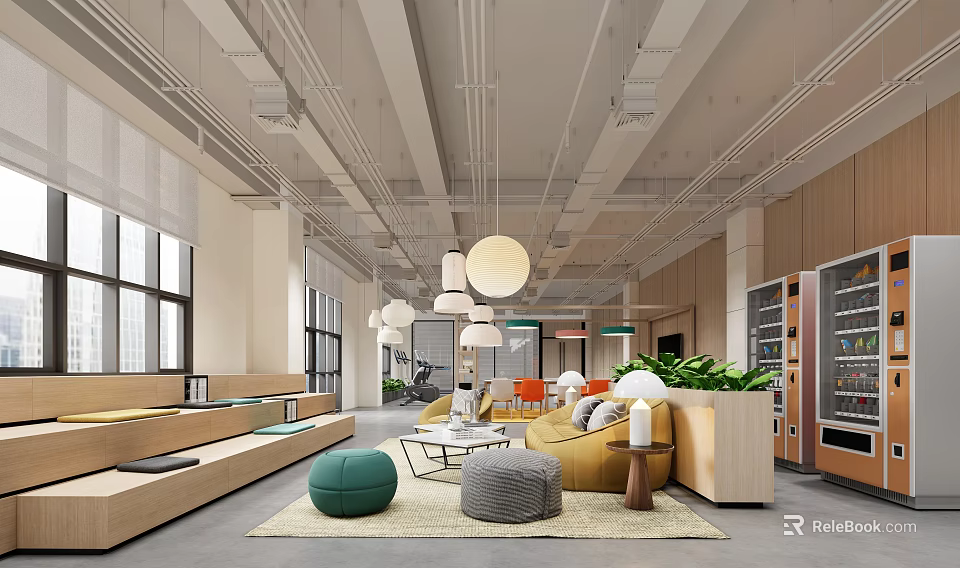 Modern Industrial Lounge Area Interior With Large Windows Yellow Sofa Green Plants And Pendant Lights 3d model 