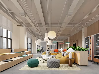Modern Industrial Lounge Area Interior With Large Windows Yellow Sofa Green Plants And Pendant Lights 3d model