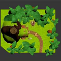 Natural Forest Scene With Tree Stump Lush Green Leaves Winding Path And Small Animals