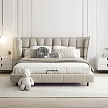 Upholstered Double Bed with Tufted Headboard Bedside Tables Lamp Teddy Bear on Light Carpet Wooden Floor