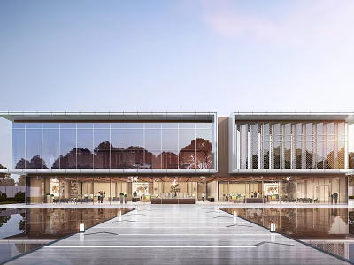 Modern Sales Office Building With Glass Curtain Walls Reflection Pool And Tree Reflections 3d model