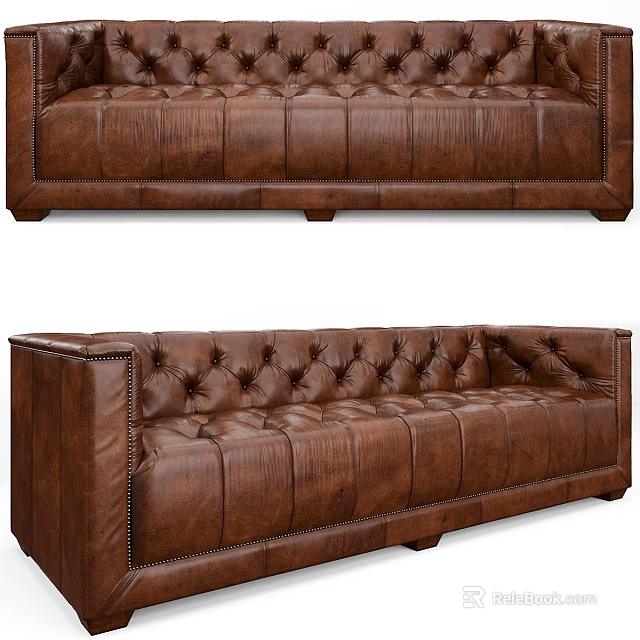Brown Leather Two Seater Sofa With Tufted Buttons And Stitching Details 3d model
