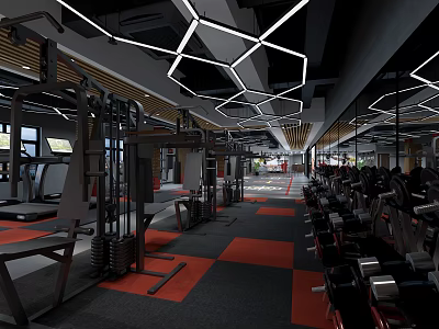 Modern Gym Interior With Geometric Ceiling Lights Red Gray Flooring And Fitness Equipment 3d model