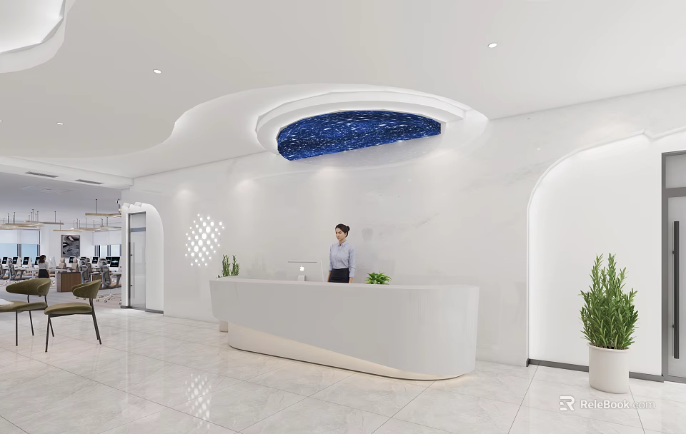 Modern Reception Desk Interior Design With White Curved Counter Green Plants And Blue Starry Ceiling 3d model 