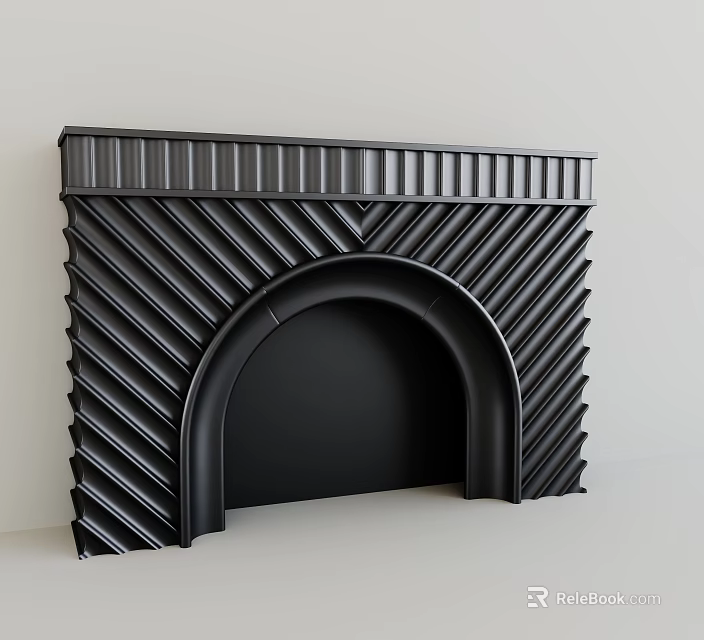 Modern Black Fireplace With Geometric Striped Design And Arched Opening 3d model
