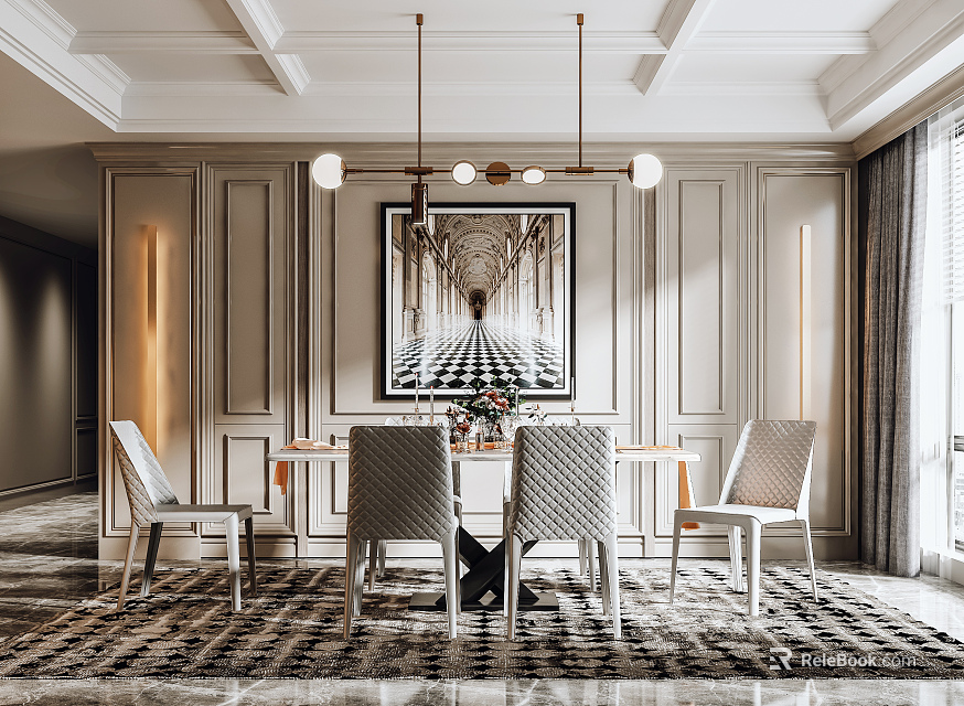 Elegant Restaurant Interior With Dining Table Chairs Paneled Walls Decorative Painting And Hanging Lights 3d model 