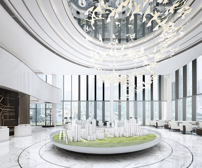 Luxurious Sales Office Interior Featuring Property Model Display Grand Chandelier And Floor to Ceiling Windows 3d model 