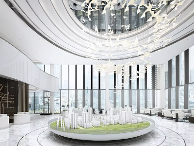 Luxurious Sales Office Interior Featuring Property Model Display Grand Chandelier And Floor to Ceiling Windows 3d model
