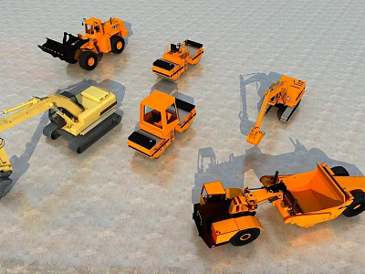 Various Heavy Duty Functional Vehicles Including Bulldozer Excavator And Truck Models 3d model