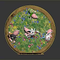 Colorful Fantasy Creatures on Round Base with Grass Flowers Stars and Chlorite Moon