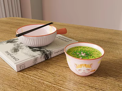 Tableware Set with White Bowl with Orange Handle and Cat Pattern Bowl Green Soup 3d model