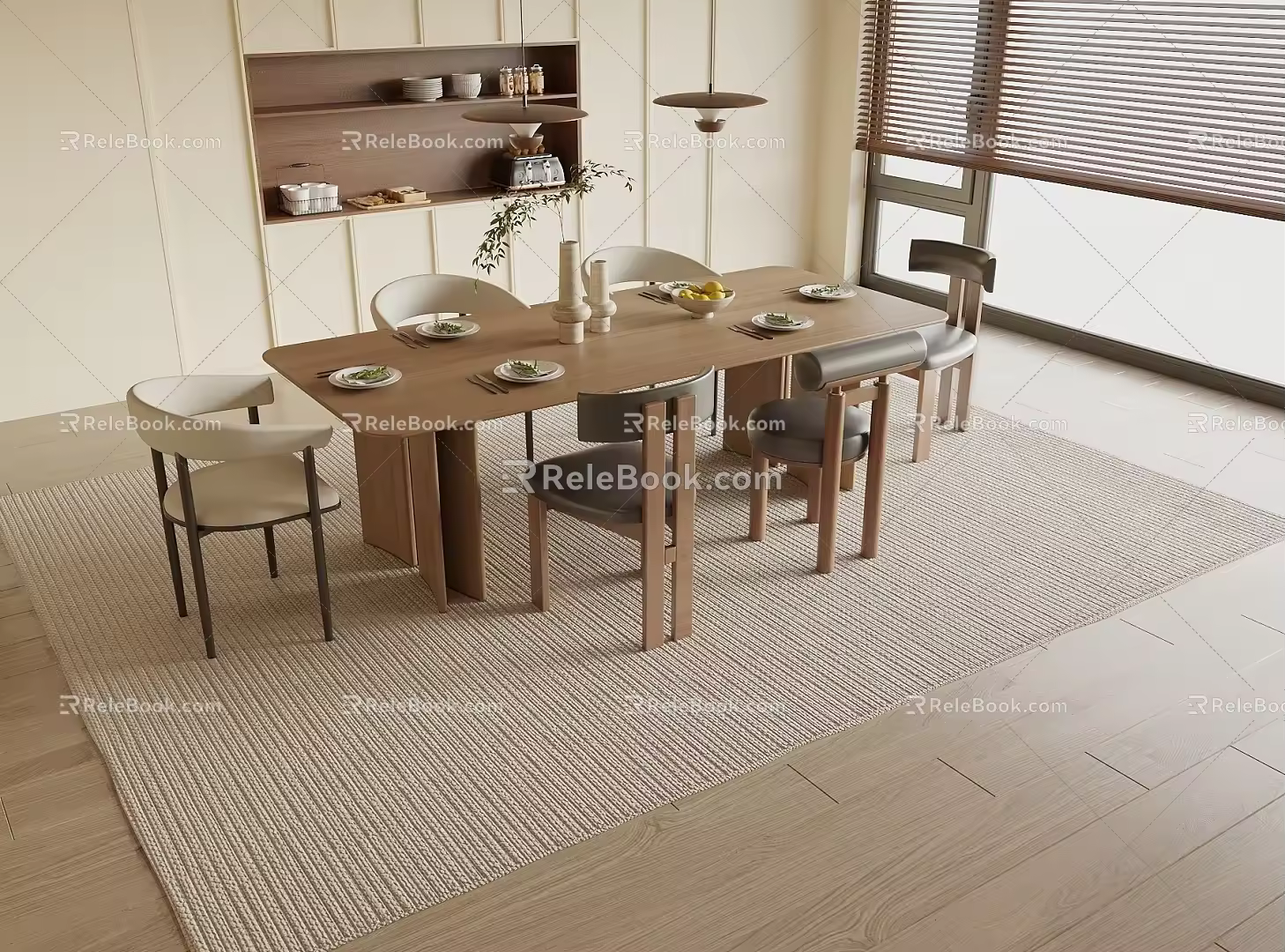 Quiet Chinese and Ancient Style Dining Table and Chair Combination Quiet Style Dining Table and Chair Chinese and Ancient Style Dining Table and Chair Sideboard 3d model