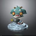 Teal Horned 3D Cartoon Creature With Orange Eyes Standing On Ice Base Platform