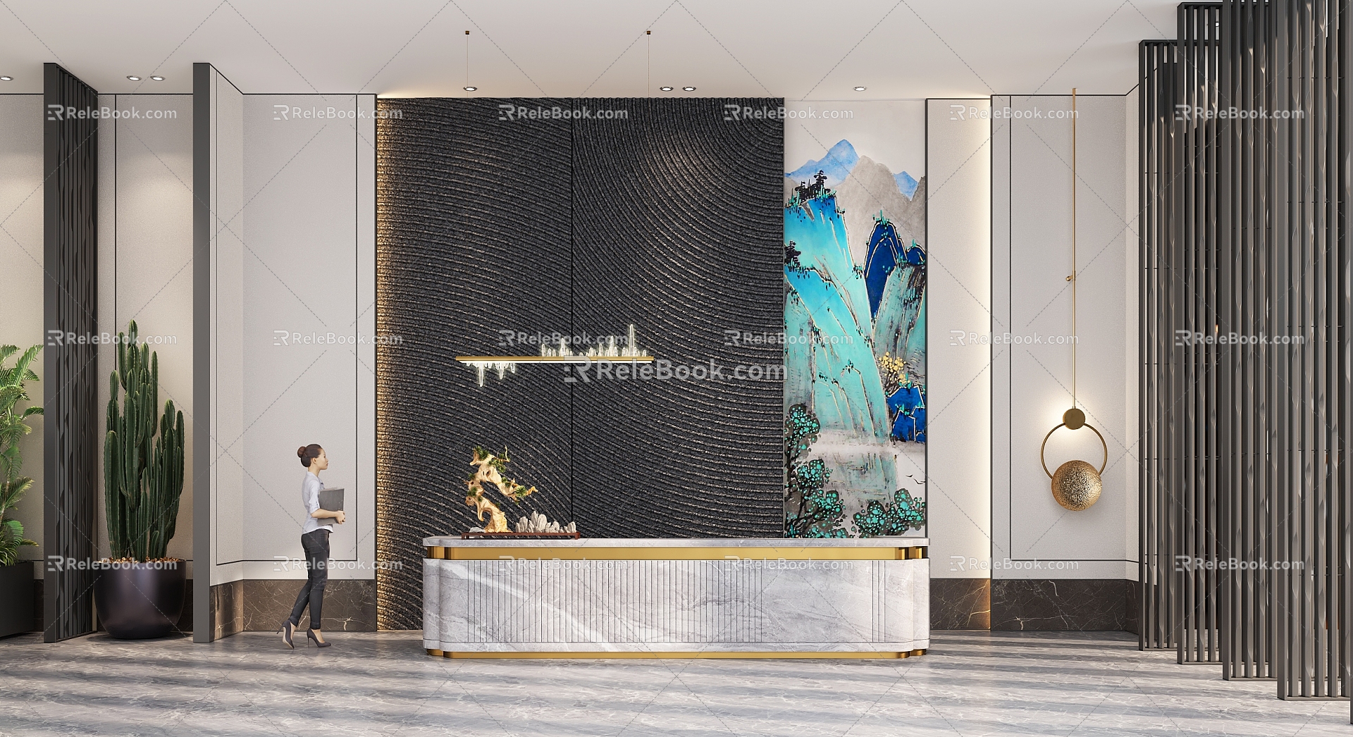 Modern New Chinese Front Desk Reception Art Background Wall Chandelier Wall Lamp Cactus Plant Bonsai Screen Grille Figure Green Landscape Traditional Chinese Painting Luxury Stone Dali 3d model