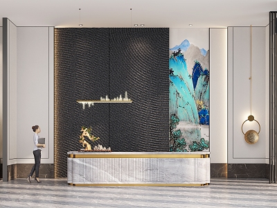 Modern New Chinese Front Desk Reception Art Background Wall Chandelier Wall Lamp Cactus Plant Bonsai Screen Grille Figure Green Landscape Traditional Chinese Painting Luxury Stone Dali 3d model