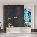 Modern New Chinese Front Desk Reception Art Background Wall Chandelier Wall Lamp Cactus Plant Bonsai Screen Grille Figure Green Landscape Traditional Chinese Painting Luxury Stone Dali 3d model