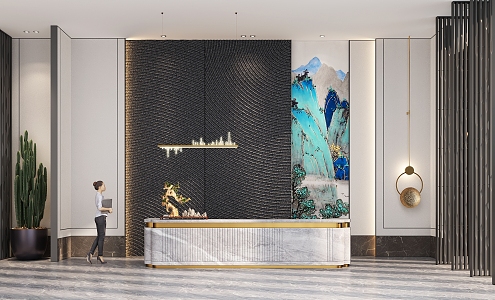 Modern New Chinese Front Desk Reception Art Background Wall Chandelier Wall Lamp Cactus Plant Bonsai Screen Grille Figure Green Landscape Traditional Chinese Painting Luxury Stone Dali 3d model