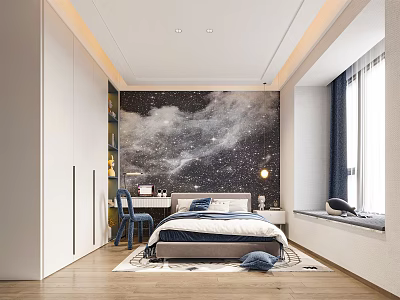 Kids Room Interior With Starry Sky Wall Bed Desk Chair And Wardrobe 3d model