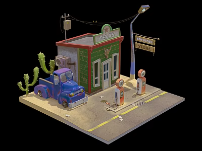 Vintage Building With Green Red Exterior Blue Old Truck Gas Pumps Cactus And Street Lamp 3d model