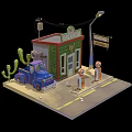 Vintage Building With Green Red Exterior Blue Old Truck Gas Pumps Cactus And Street Lamp