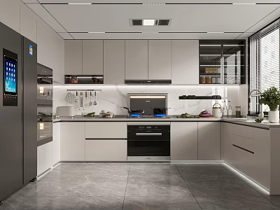 Modern Kitchen Interior Design With Smart Refrigerator Cabinets Appliances And Countertop 3d model