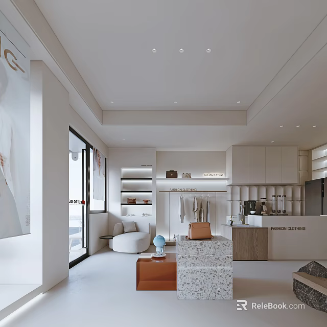 Elegant Modern Open Plan Restaurant Interior With White Wooden Marble Bar And Sofa 3d model 