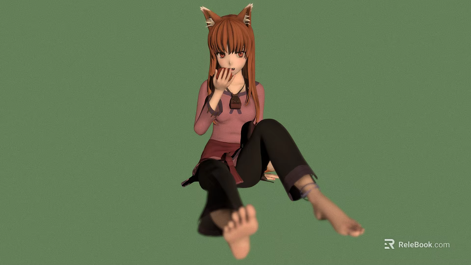 Anime Girl With Fox Ears Sitting In Pink Top Black Pants Barefoot On Green Background 3d model 