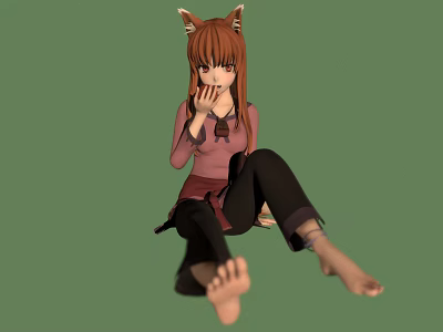 Anime Girl With Fox Ears Sitting In Pink Top Black Pants Barefoot On Green Background 3d model