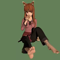 Anime Girl With Fox Ears Sitting In Pink Top Black Pants Barefoot On Green Background