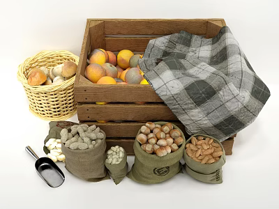 Fresh Oranges Lemons Eggs And Nuts In Wooden Crate Wicker Basket Burlap Sacks 3d model