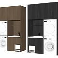 Modern Stackable Washing Machines With Light And Dark Wood Built-in Laundry Cabinets 3d model