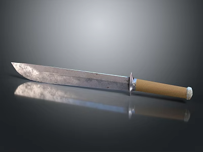Vintage Metal Knife With Sharp Blade Brown Wrapped Handle And Reflective Surface On Dark Background 3d model