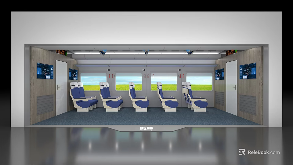 Modern Passenger Cabin Interior With Blue White Seats Scenic Windows And Control Panels 3d model 
