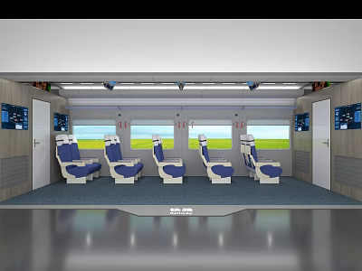 Modern Passenger Cabin Interior With Blue White Seats Scenic Windows And Control Panels 3d model