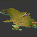 3D Topographic Terrain Model With Green Vegetation Yellow Plains And Blue Rivers