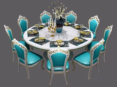 Elegant Classic Dining Table Set with Blue Chairs White Top and Gold Accents 3d model