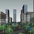 Modern Office Buildings Complex With Lush Green Trees And Pedestrian Walkway