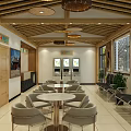 Tourist Center Interior With Wooden Ceiling Pendant Lights Waiting Benches Tables And Counter