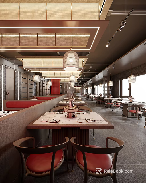 Modern Hot Pot Restaurant Interior With Red Booths Wooden Lanterns And Open Layout 3d model 