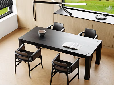 Modern Wooden Dining Table Set with Four Chairs Bowl and Book on Table and Blinds 3d model