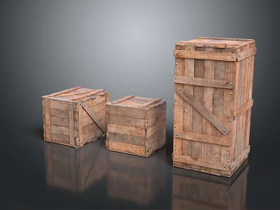 Three Wooden Crates In Various Sizes With Wooden Material And Metal Straps 3d model