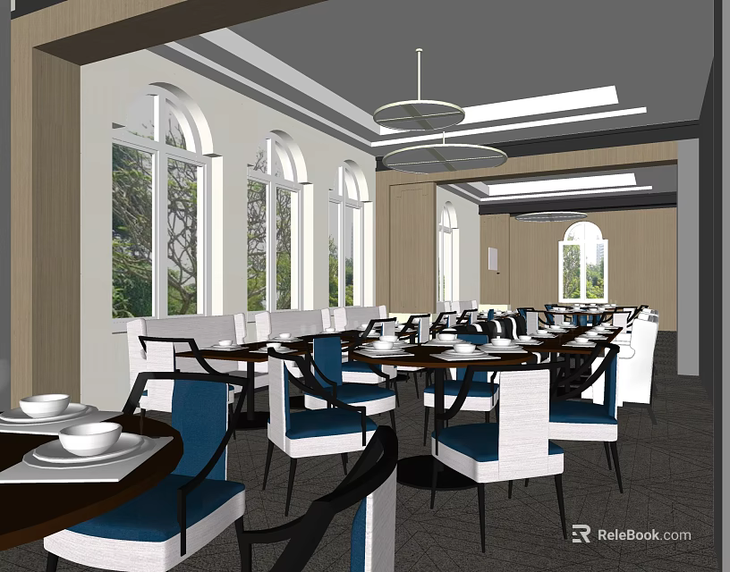 Modern Restaurant Interior With Arched Windows Tables Chairs And Chandeliers 3d model 