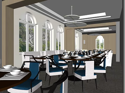 Modern Restaurant Interior With Arched Windows Tables Chairs And Chandeliers 3d model
