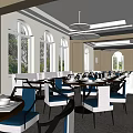 Modern Restaurant Interior With Arched Windows Tables Chairs And Chandeliers