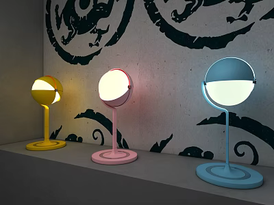 Colorful Round Table Lamps in Yellow Pink Blue with Modern Black Patterned Wall Design 3d model