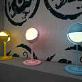 Colorful Round Table Lamps in Yellow Pink Blue with Modern Black Patterned Wall Design