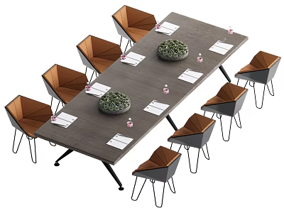 Modern Conference Table With Brown Chairs Green Plants White Papers And Pink Items 3d model