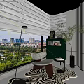 Modern Home Balcony Design with Roller Blinds City View Armchair Green Cabinet and Tall Plant