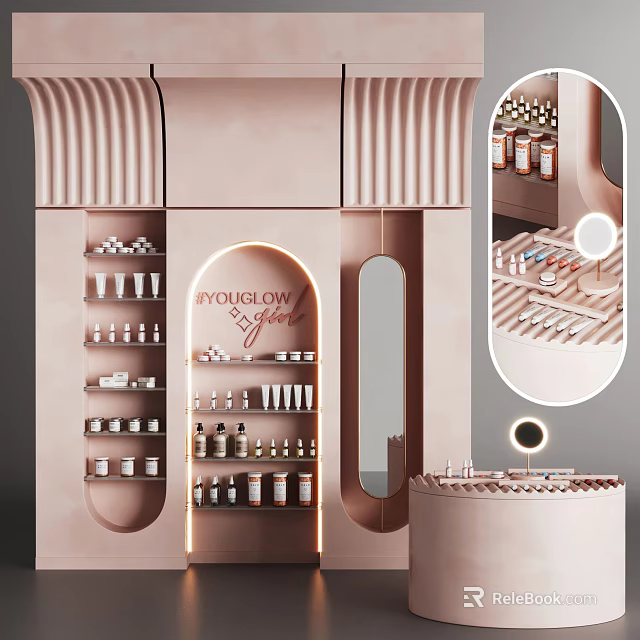 Modern Elegant Rose Gold Display Shelves for YOU GLOW SKIN Skincare Products with Lighting 3d model 
